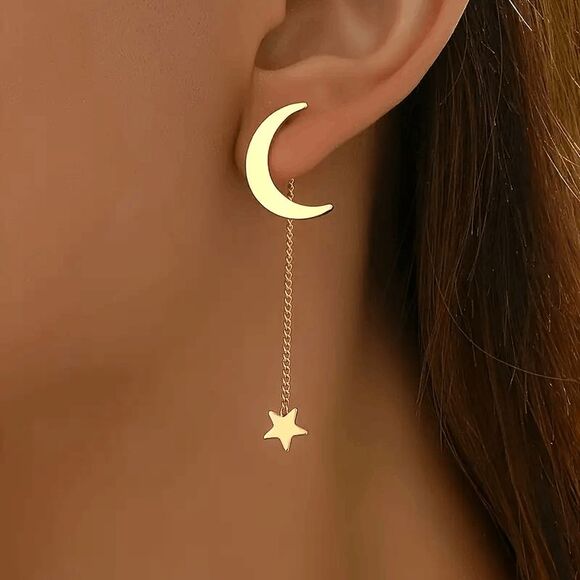 Boho Celestial Moon Star Stud Dangle Earrings - Picture 2 of 2